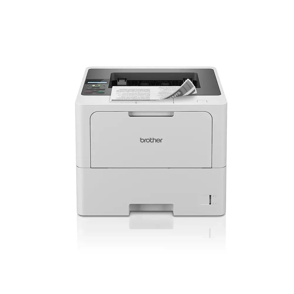 Impressora Brother HL-L6210DW Laser Mono de alta velocidade, mostrada em ambiente de escritório com papel na bandeja.