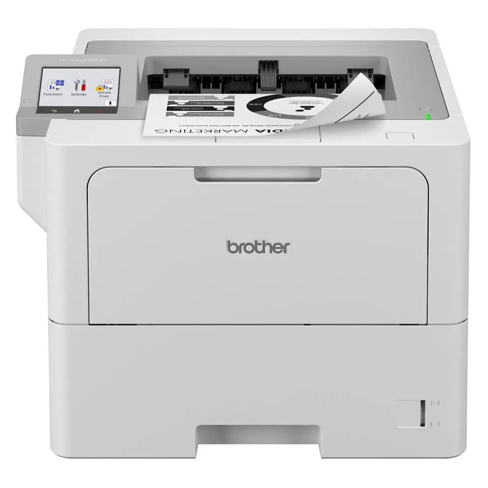 Impressora Brother HL-L6410DN Laser Mono, vista frontal, com bandeja de papel e painel de controle.