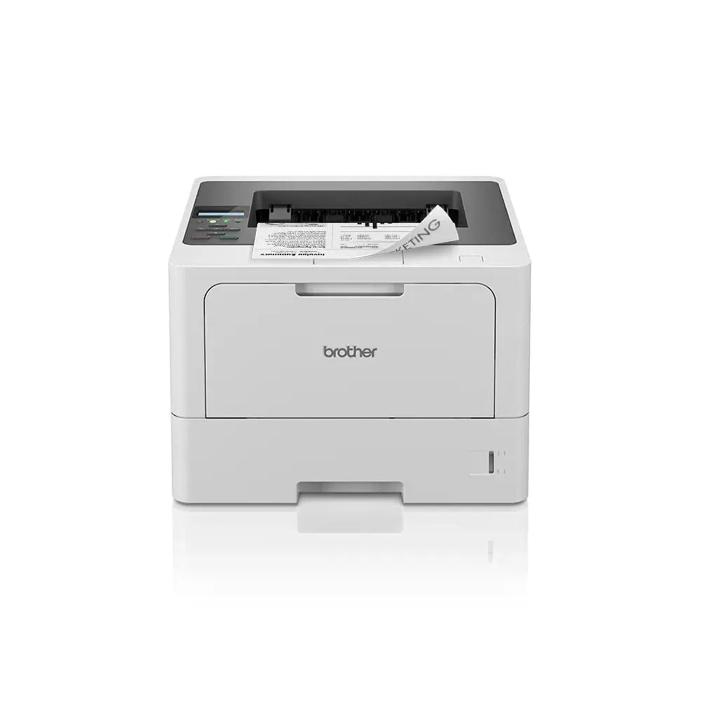 Impressora Brother Laser Mono HL-L5210DN de alta velocidade e confiável, vista frontal com painel de controle e bandeja de papel