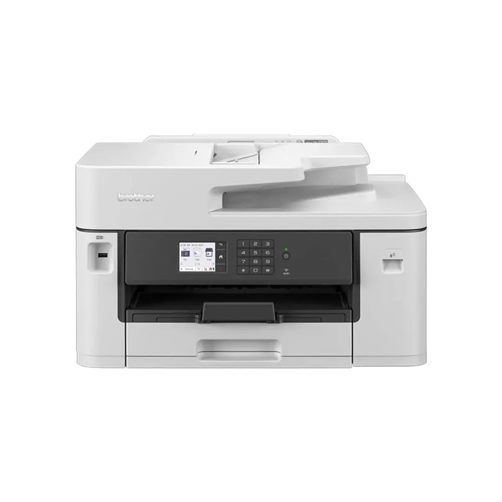 Multifunção Brother MFC-J5340DWE com suporte para A4 e A3, impressora jato de tinta profissional, exibe painel e papel na bandeja