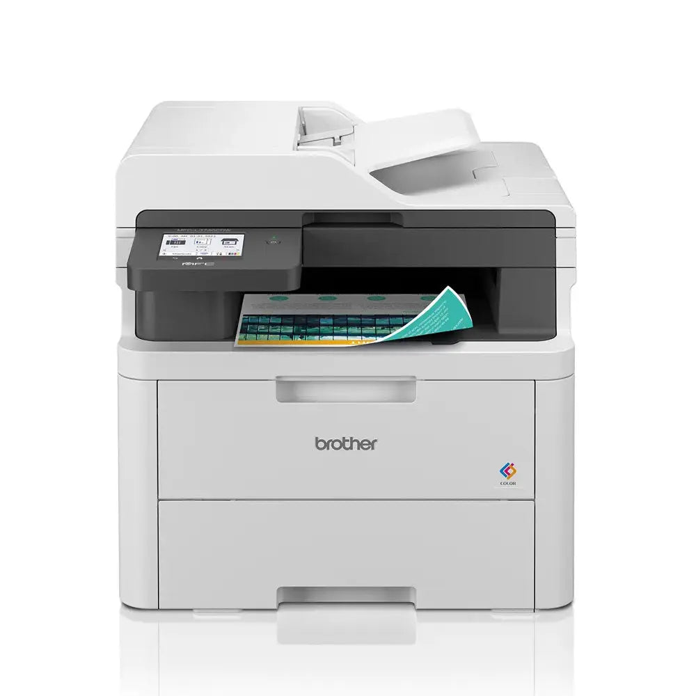 Impressora multifuncional Brother Laser Cor MFC-L3740CDW com painel digital e bandeja de papel em destaque.