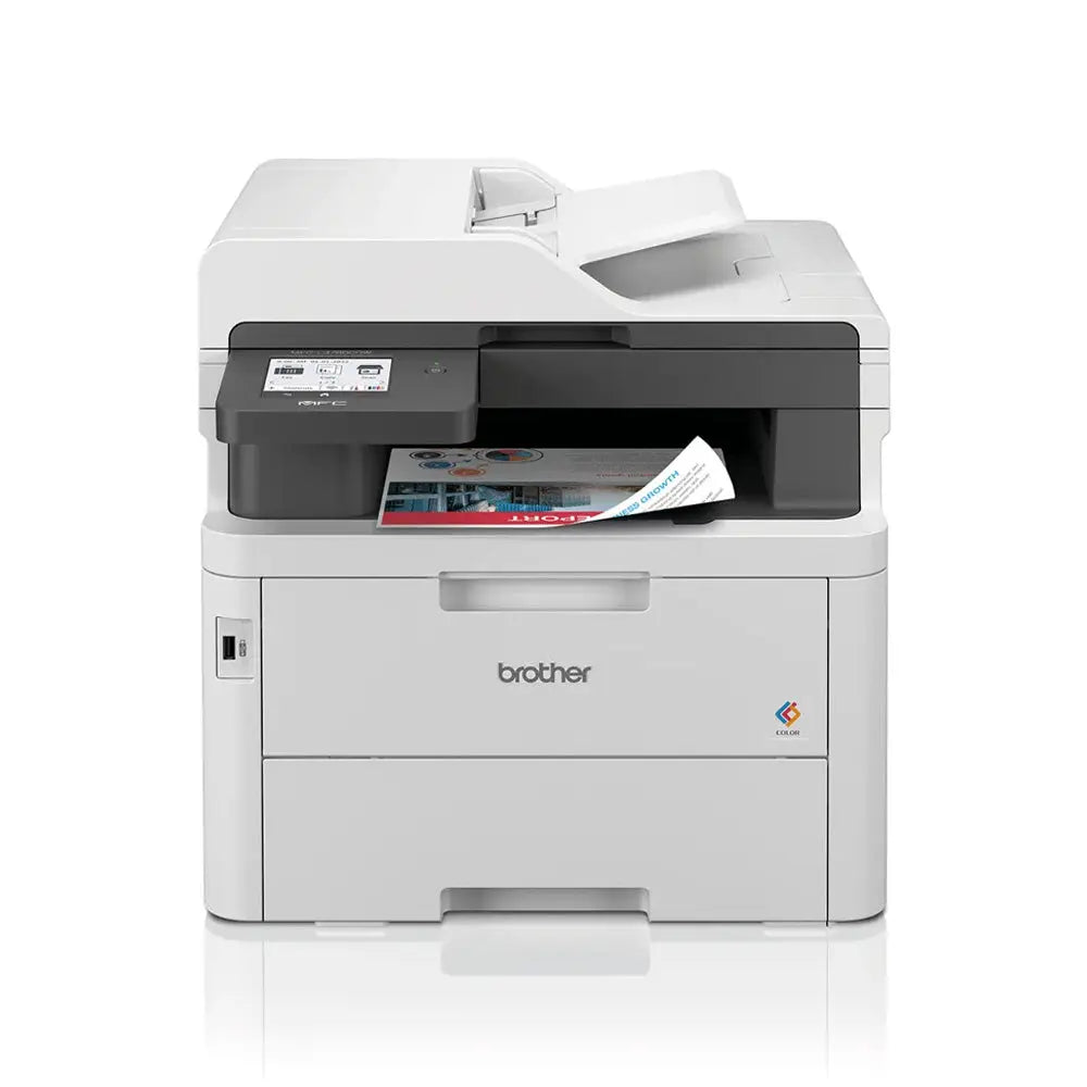 Impressora multifuncional Brother Laser/LED Color MFC-L3760CDW, exibindo painel de controle e bandeja de papel.