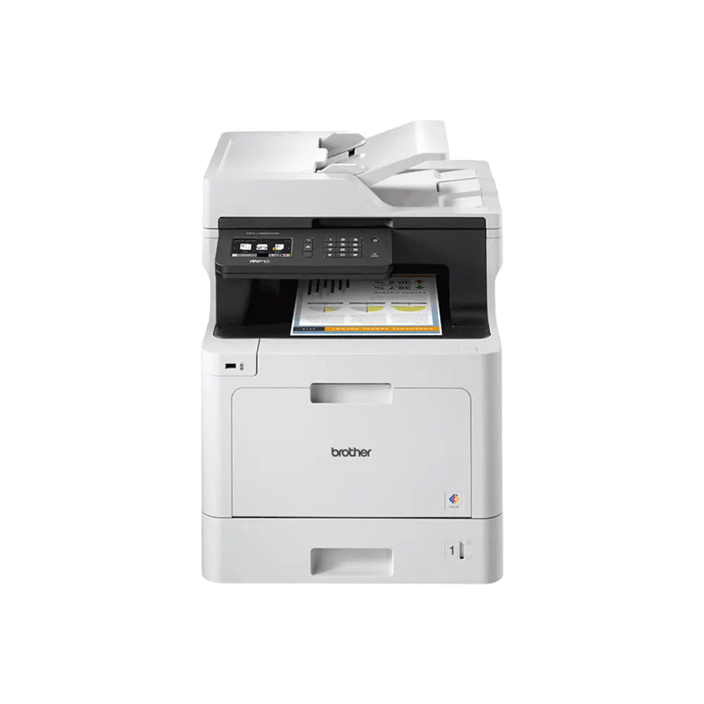 Impressora multifuncional a cores Brother MFC-L8690CDW com scanner, impressora e copiadora A4, vista frontal, em uso.