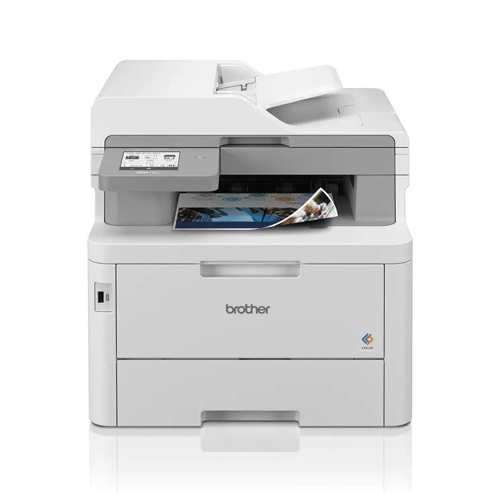 Multifunções Brother MFC-L8340CDW, impressora laser e LED colorida, com tela de controle e bandeja de papel.