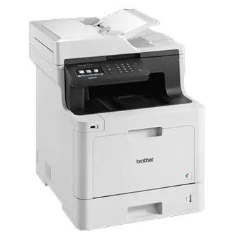 Impressora multifuncional Brother Laser Color A4 DCP-L8410CDW com scanner, mostrada em ambiente de escritório.