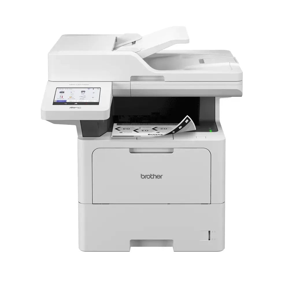 Impressora multifuncional Brother MFC-L6710DW laser mono com tela digital e bandeja de papel, vista frontal.
