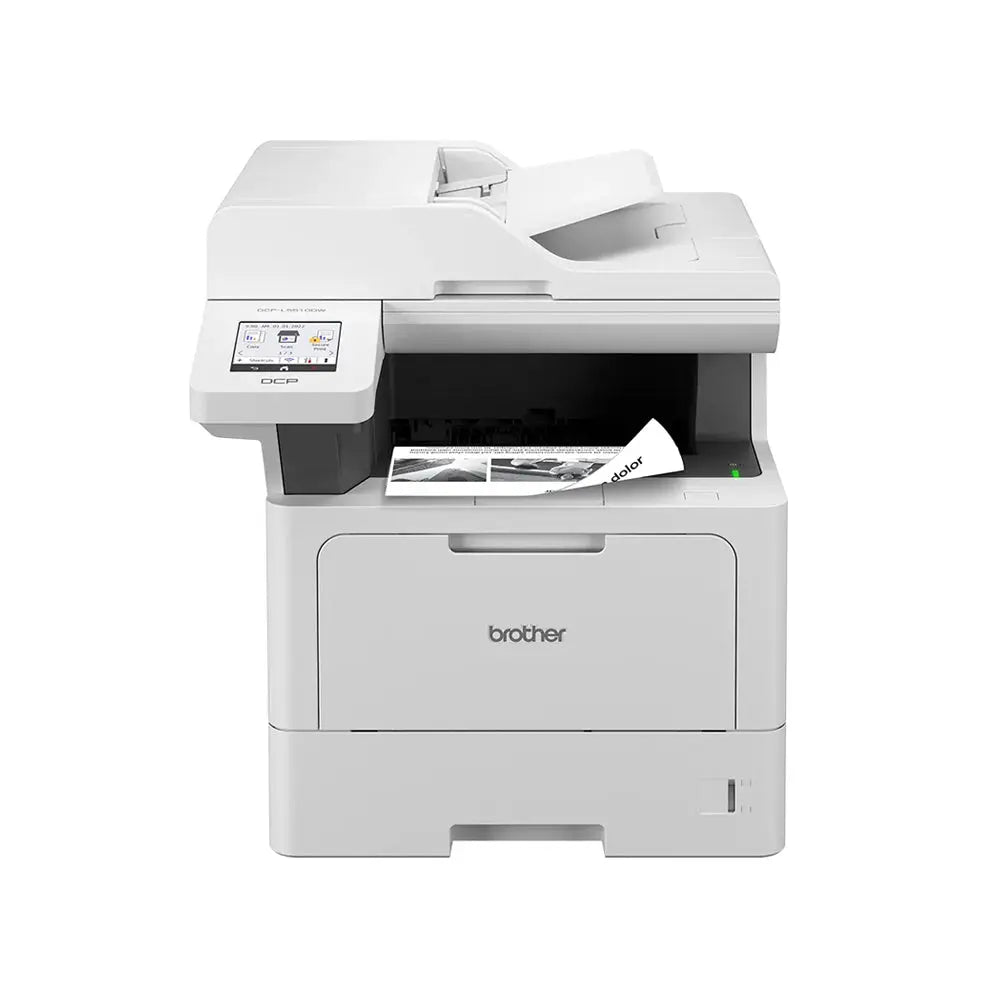Impressora multifuncional laser mono Brother MFC-L5710DN com bandeja de papel, painel de controle e área de digitalização.