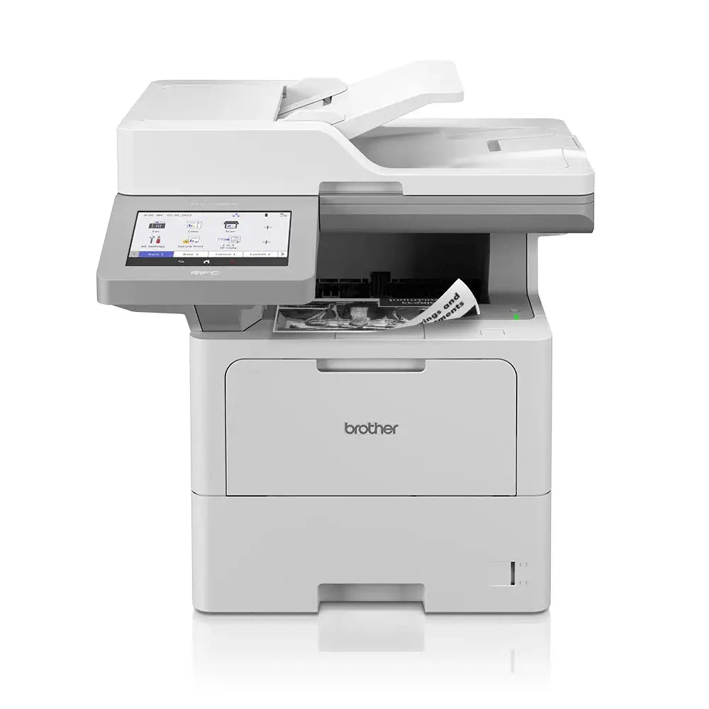 Impressora multifuncional Brother Laser Mono MFC-L6910DN com tela de toque e bandeja de papel padrão.