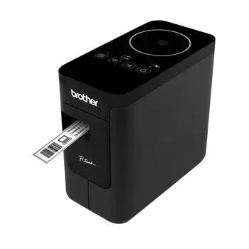 Rotuladora profissional Brother PT-P750W com WiFi, USB e NFC, mostrando a tela e o design compacto do dispositivo.