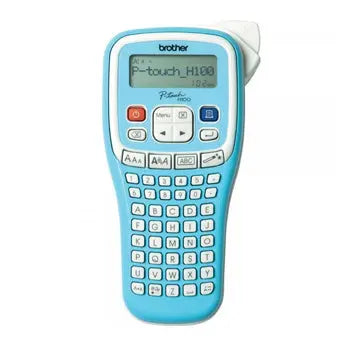 Rotuladora Brother PT-H100LB azul para casa e escritório, exibe a máquina com teclado e fita de etiquetas.