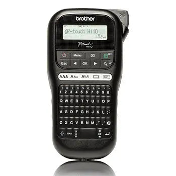 Rotuladora Brother PT-H110 preta para casa e escritório, com teclado e tela LCD visíveis na imagem.