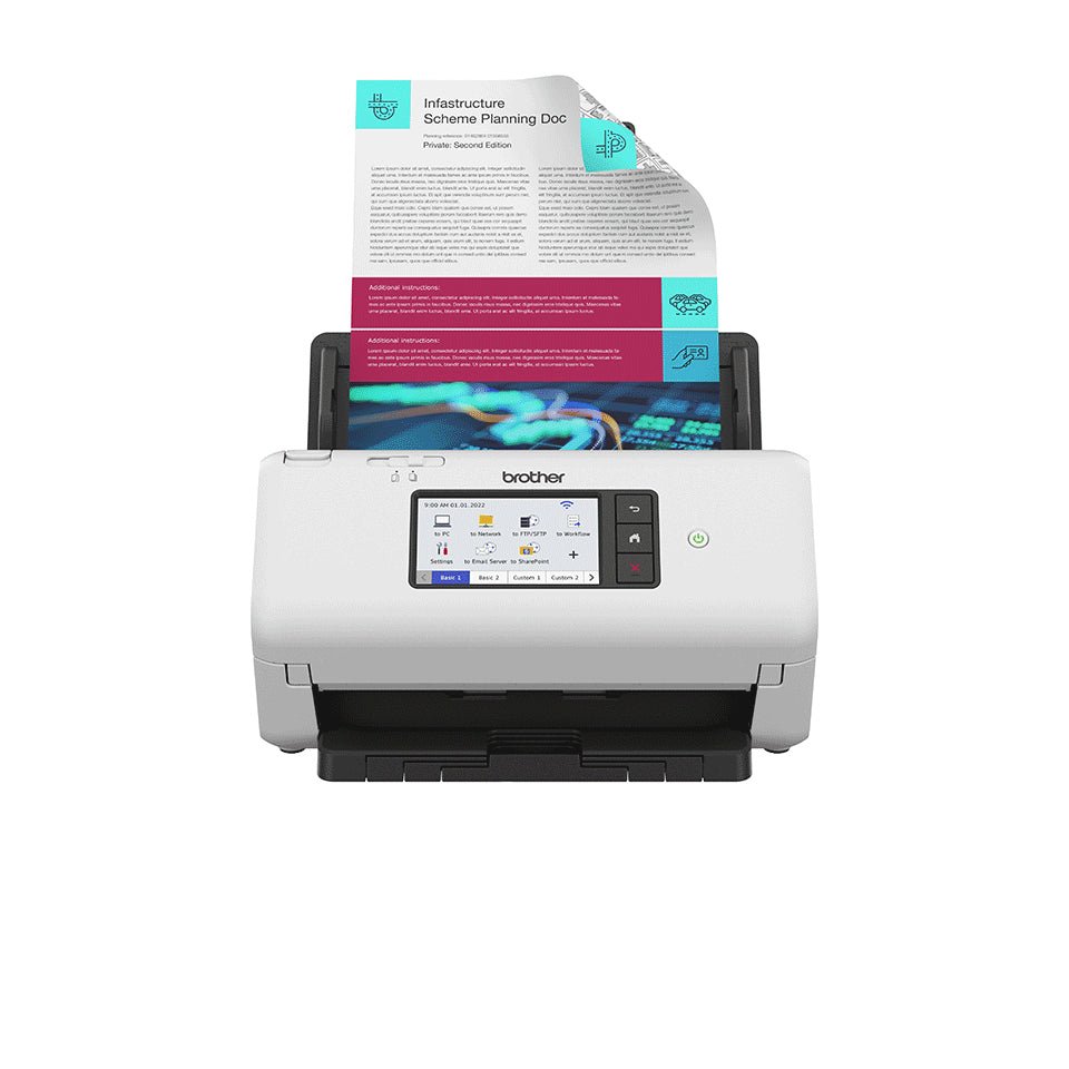 Scanner de mesa profissional Brother ADS4700W com Wi-Fi LAN, alta performance para digitalização de documentos.