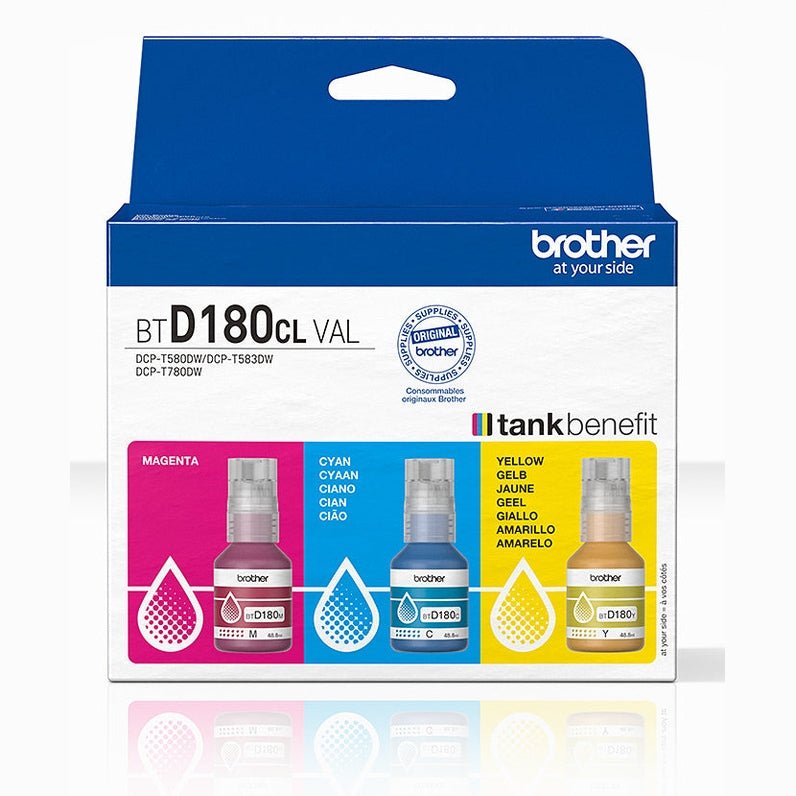 Kit de Tintas Brother CMY para impressoras, inclui tinteiros coloridos para até 15.000 páginas impressas.