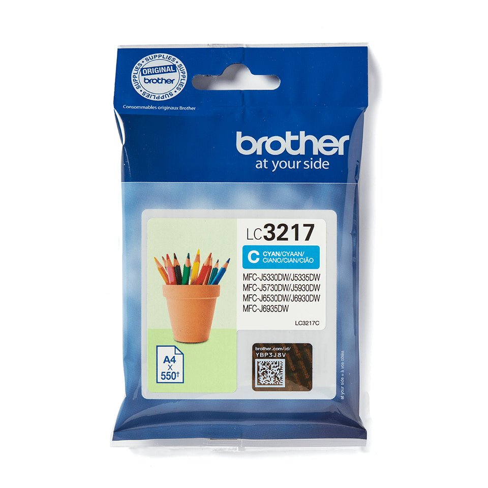 Tinta Brother LC3217C Ciano para impressoras MFC J5330DW e modelos compatíveis, cartucho de tinta de alta qualidade.