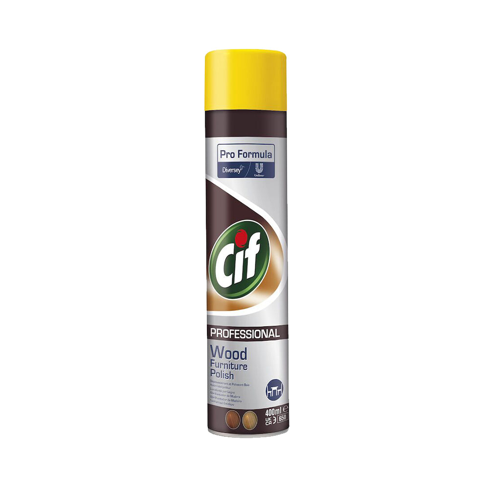 Spray Cif PF Madeiras 400ml da Diversey para limpeza e proteção de móveis de madeira, com embalagem spray e rótulo visível.