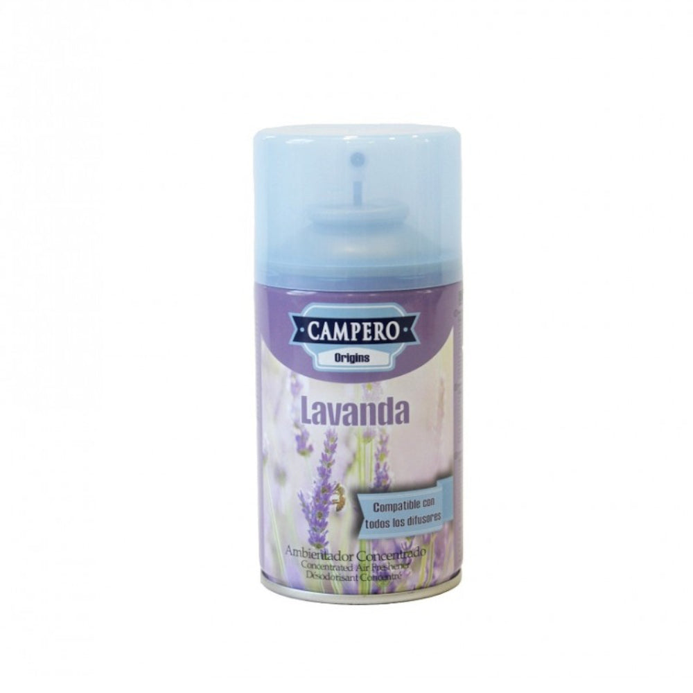 Recarga de ambientador Campero Lavanda Aerosol, 250ml, para sistemas automáticos, fragrância de lavanda natural.