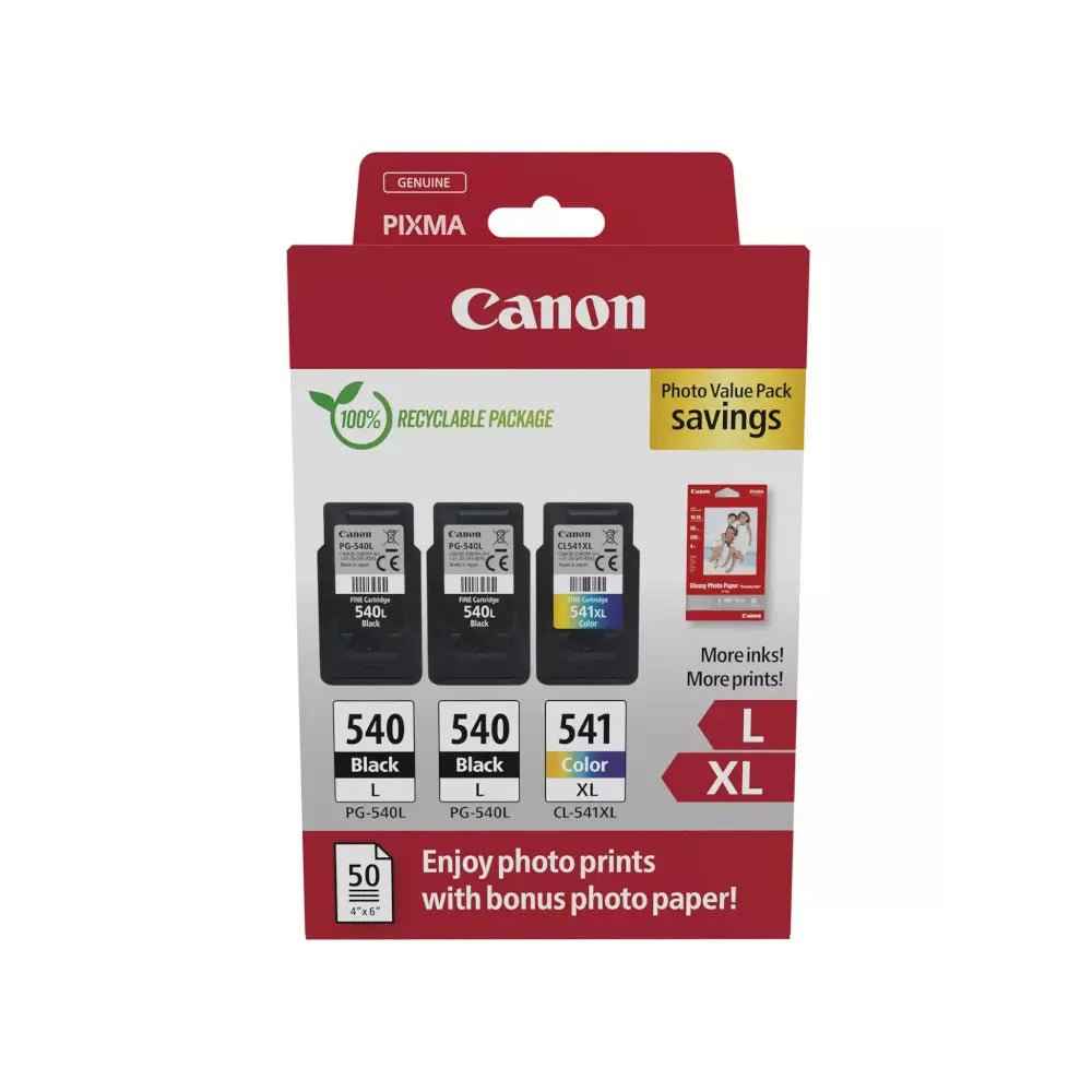 Pack de tintas Canon 540L e 541XL preto e colorido com papel, tintas originais Canon para impressora.