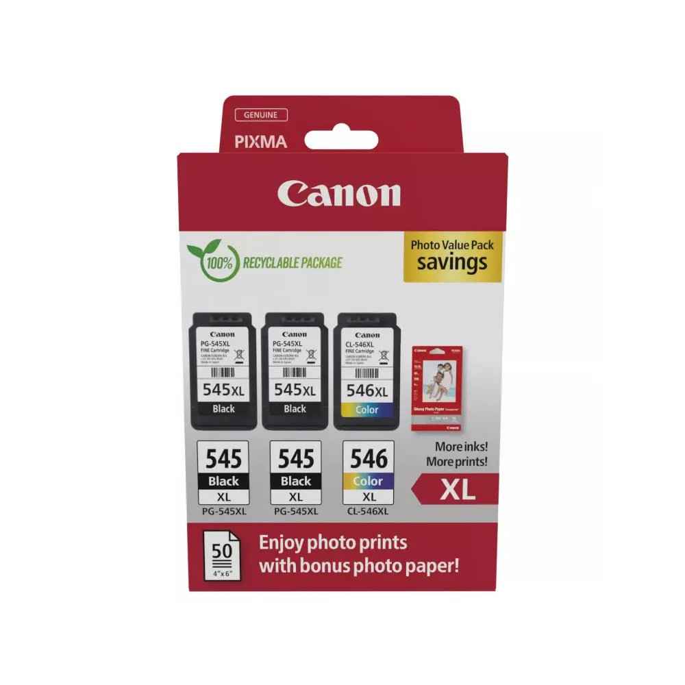 Pack de tintas Canon 545XL/546XL preto e colorido com papel 8286B015, tintas originais para impressora Canon.