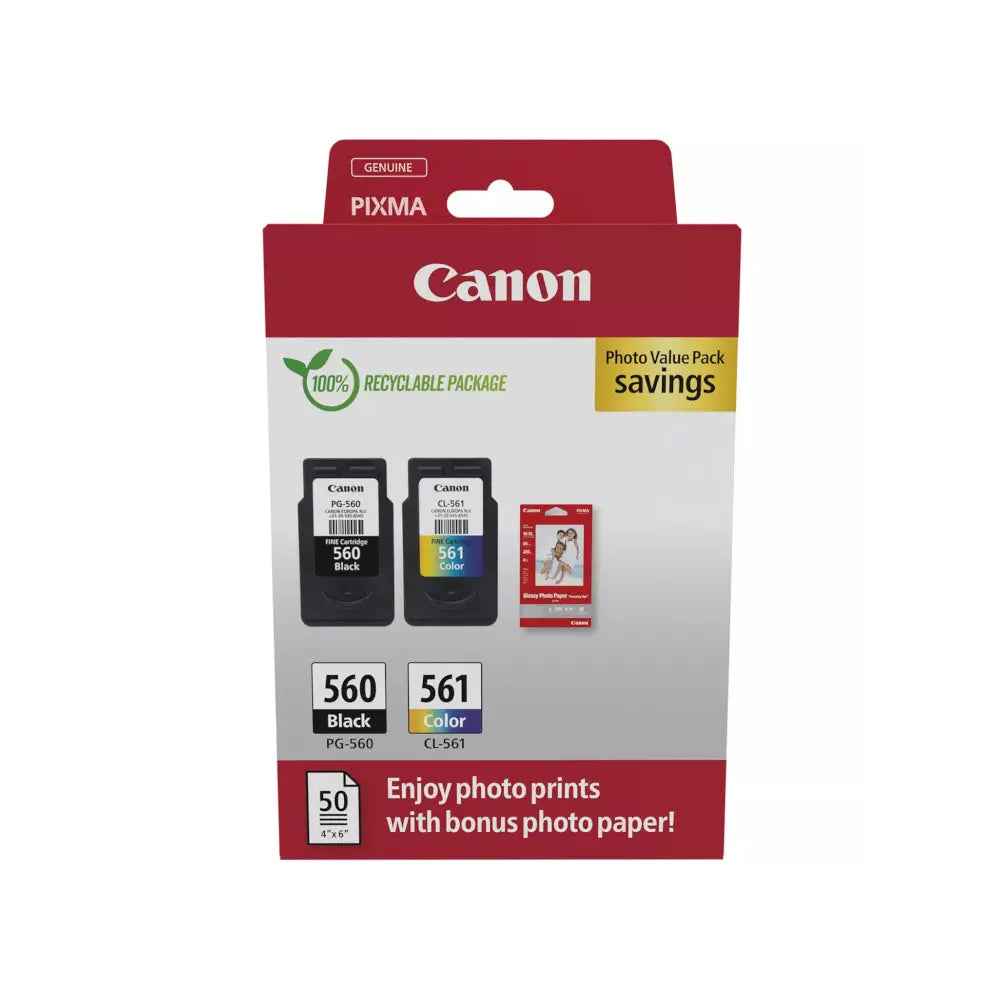 Pack de Tinteiros Canon 560/561 Preto e Colorido + Papel 3713C008