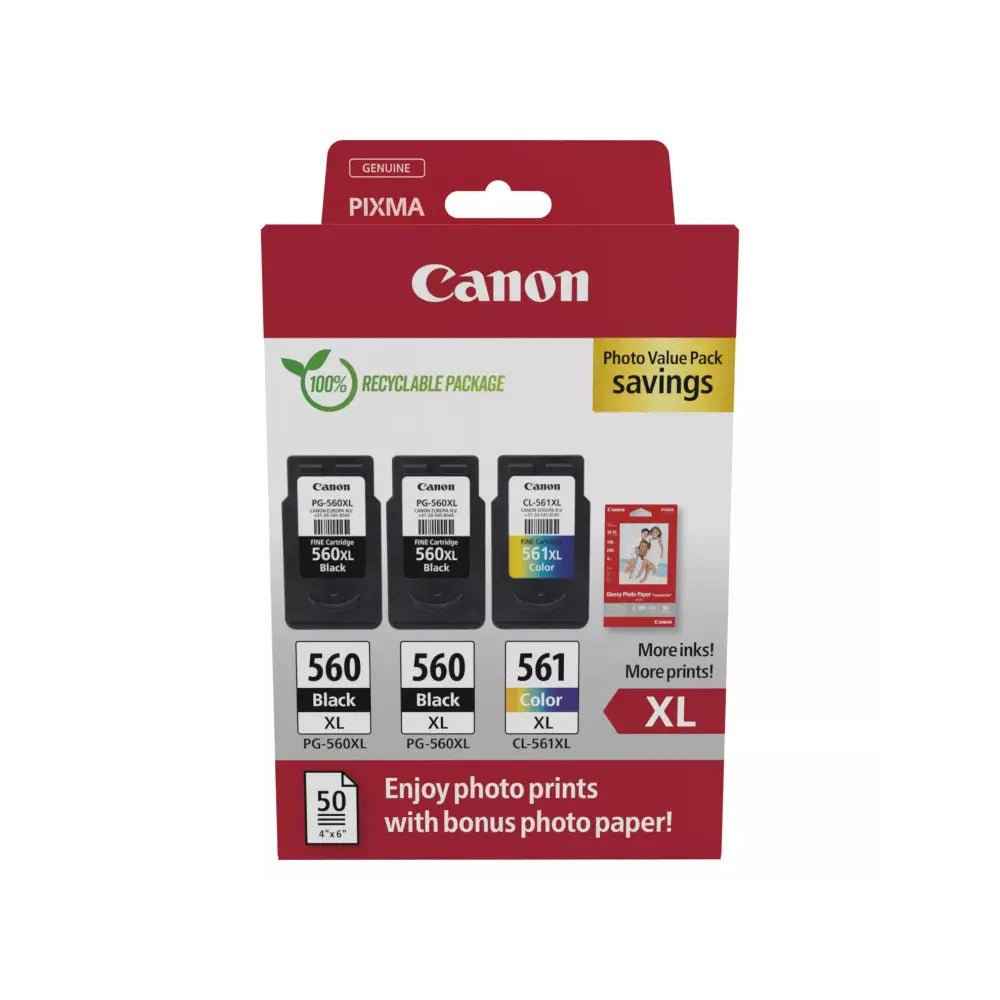 Pack de tintas Canon 560XL/561XL preto e colorido com papel 3712C012, compatível com impressoras Canon originais