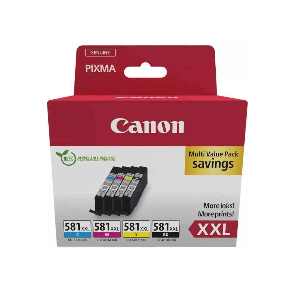 Pack de 4 tintas Canon 581XXL originais em cores compatíveis, alta qualidade, para impressoras Canon.