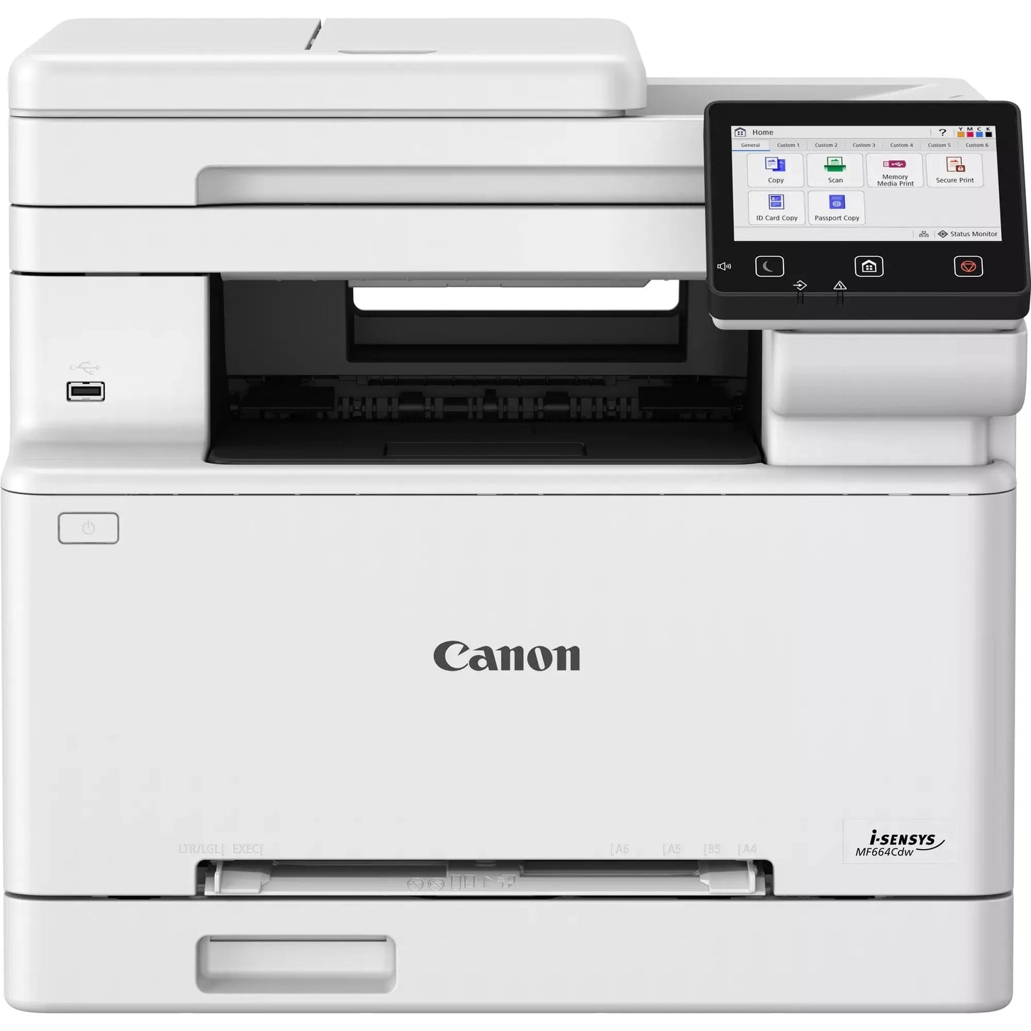 Impressora multifuncional a laser colorida Canon MF664Cdw, vista frontal com painel de controle e bandeja de papel