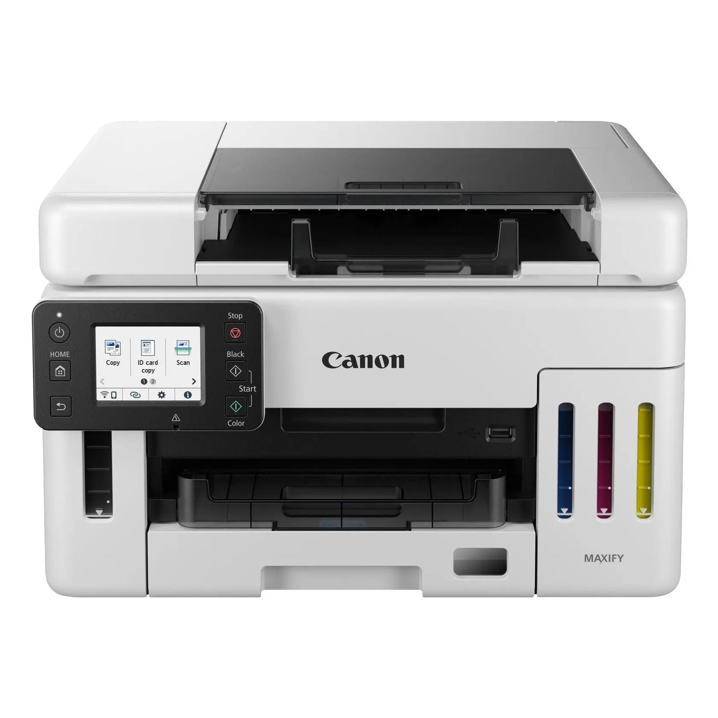Impressora multifuncional Canon MegaTank GX6550 com tanques recarregáveis e tela de controle, vista frontal da impressora jato de tinta.