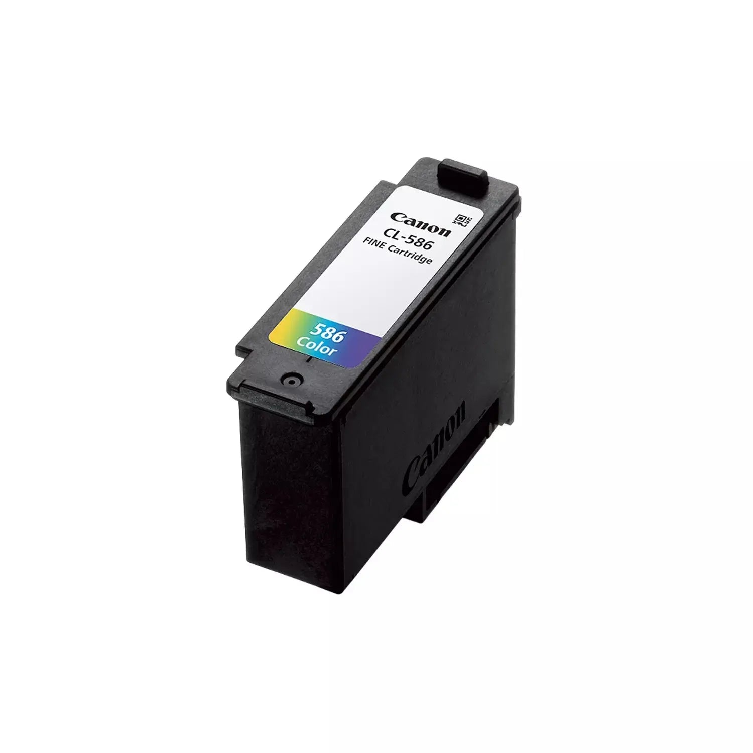 Cartucho de tinta Canon CL-586 para impressoras, mostrando a embalagem e o cartucho de tinta na imagem.
