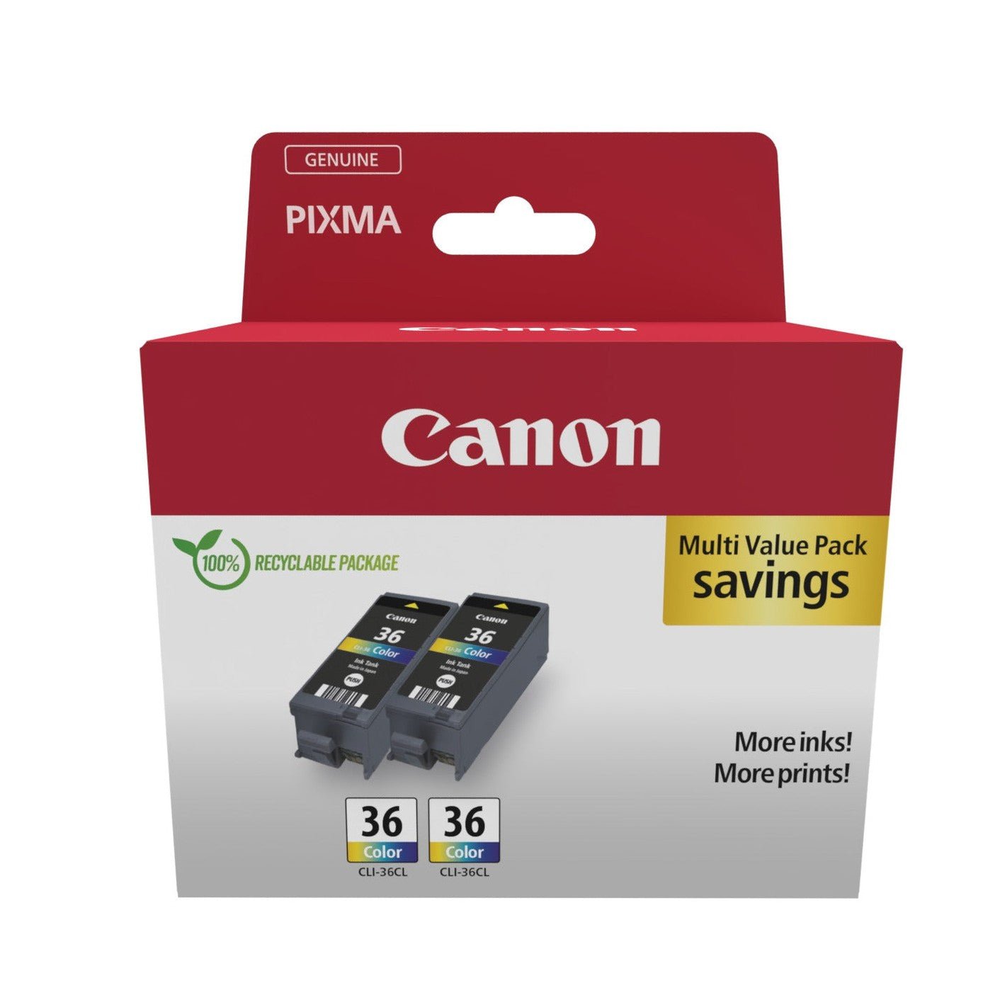 Cartucho de tinta Canon CLI-36 Twin Pack para impressoras, incluindo dois tinteiros coloridos de alta qualidade.