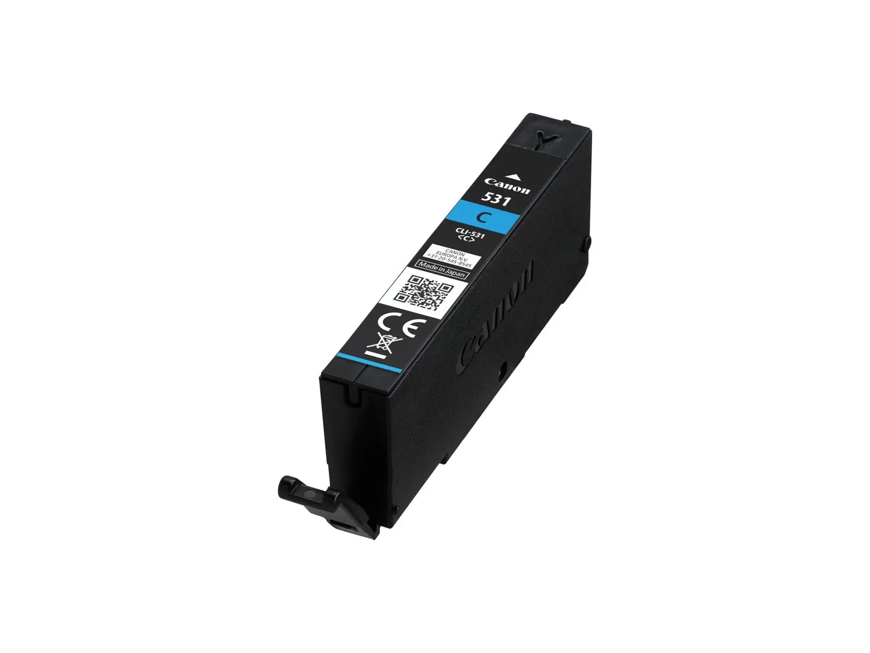 Cartucho de tinta cyan Canon CLI-531 para impressora, mostrado com detalhes do invólucro e etiqueta de cores.