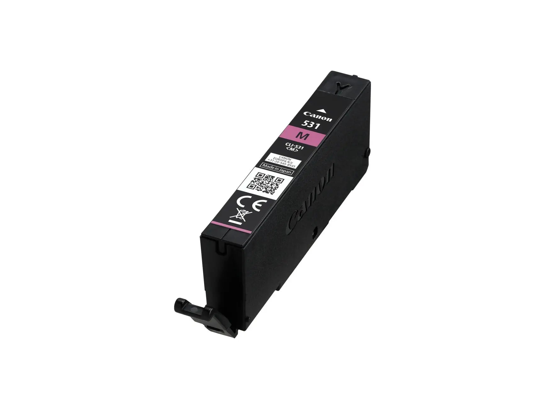 Cartucho de tinta magenta Canon CLI-531 para impressoras europeias, visível com tampa e etiquetas de identificação.