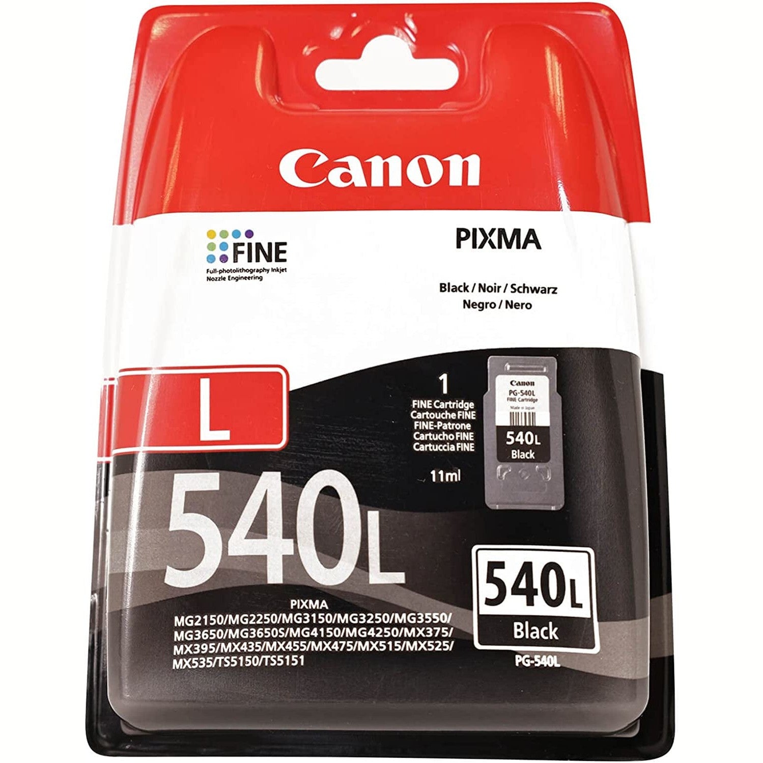 Cartucho de tinta preta Canon PG-540L para impressora, com capacidade para 300 páginas, mostrado na imagem