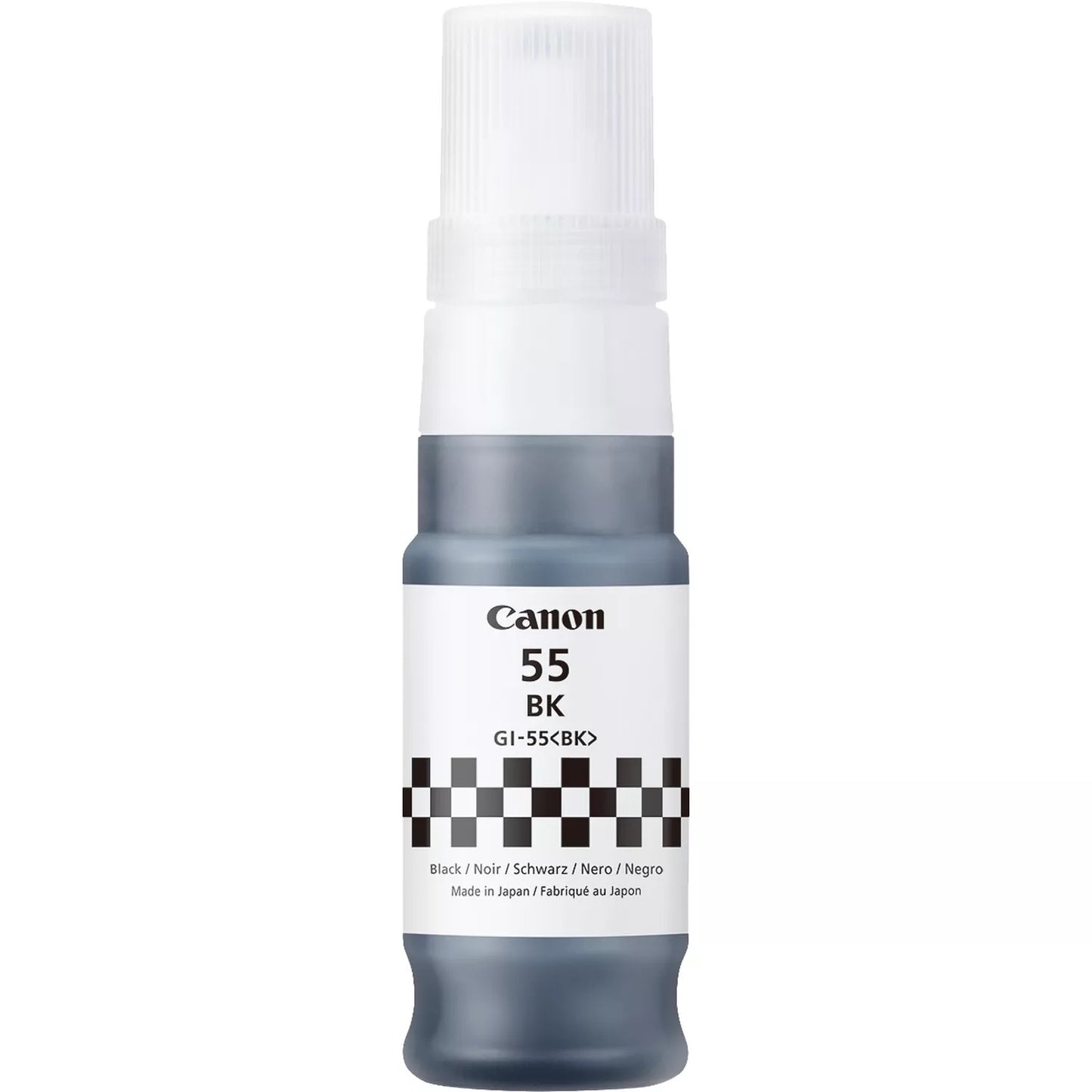 Cartucho de tinta preta Canon GI-55 para impressoras europeias, mostrado em fundo neutro.