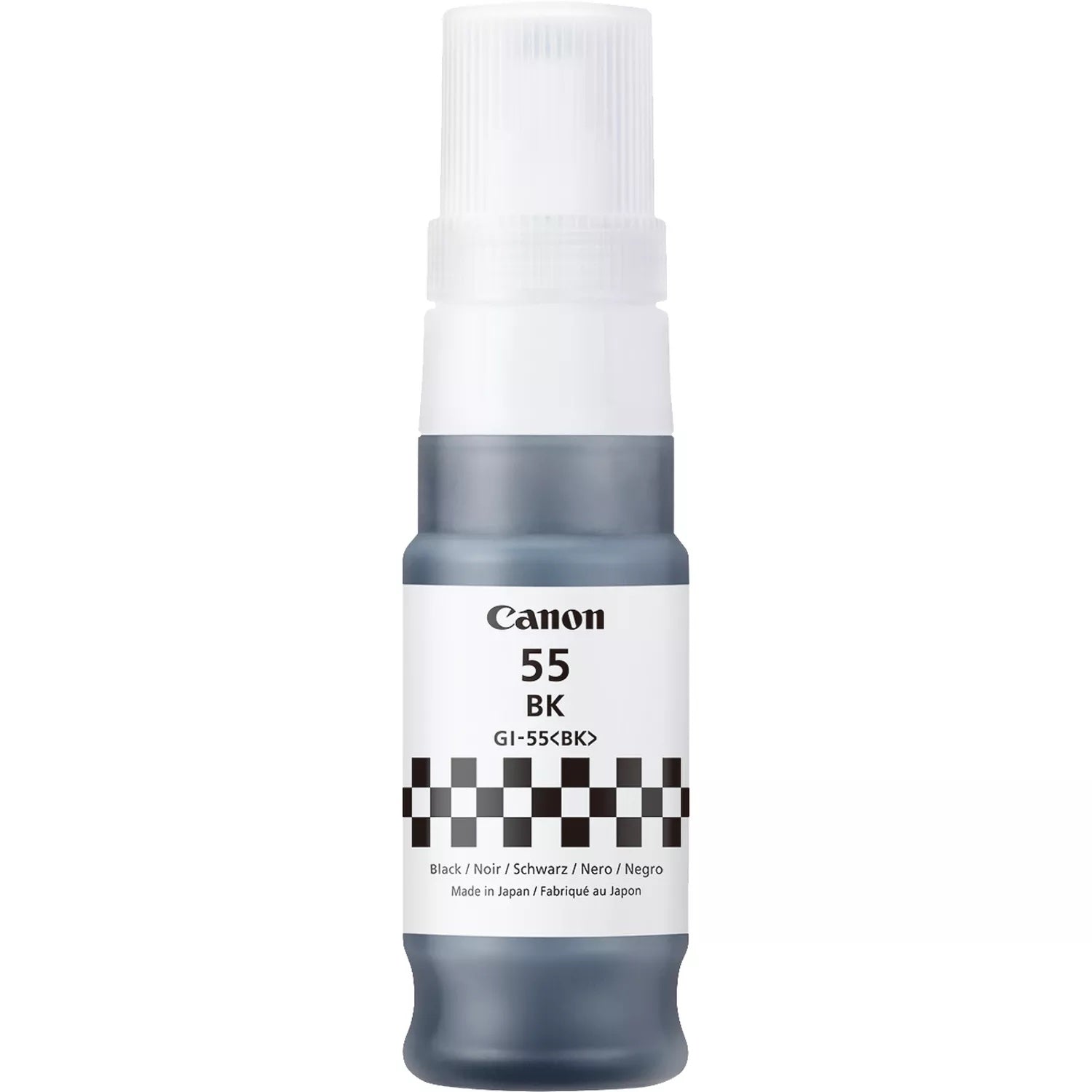 Cartucho de tinta preta Canon GI-55 para impressoras europeias, mostrado em fundo neutro.