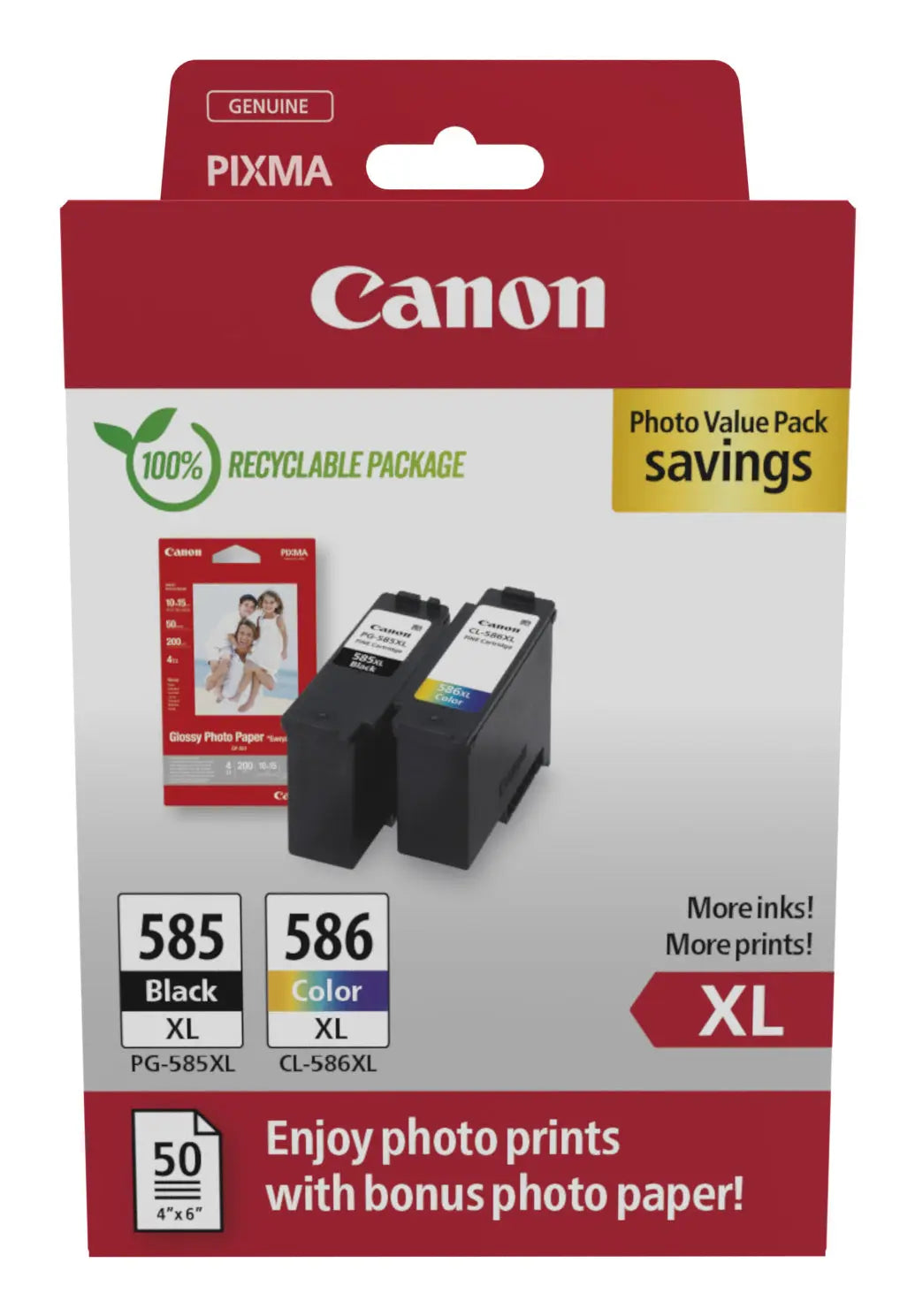 Cartuchos de tinta Canon PG-585XL e CL-586XL Photo Value de alta capacidade, mostrados ao lado de uma impressora Canon.