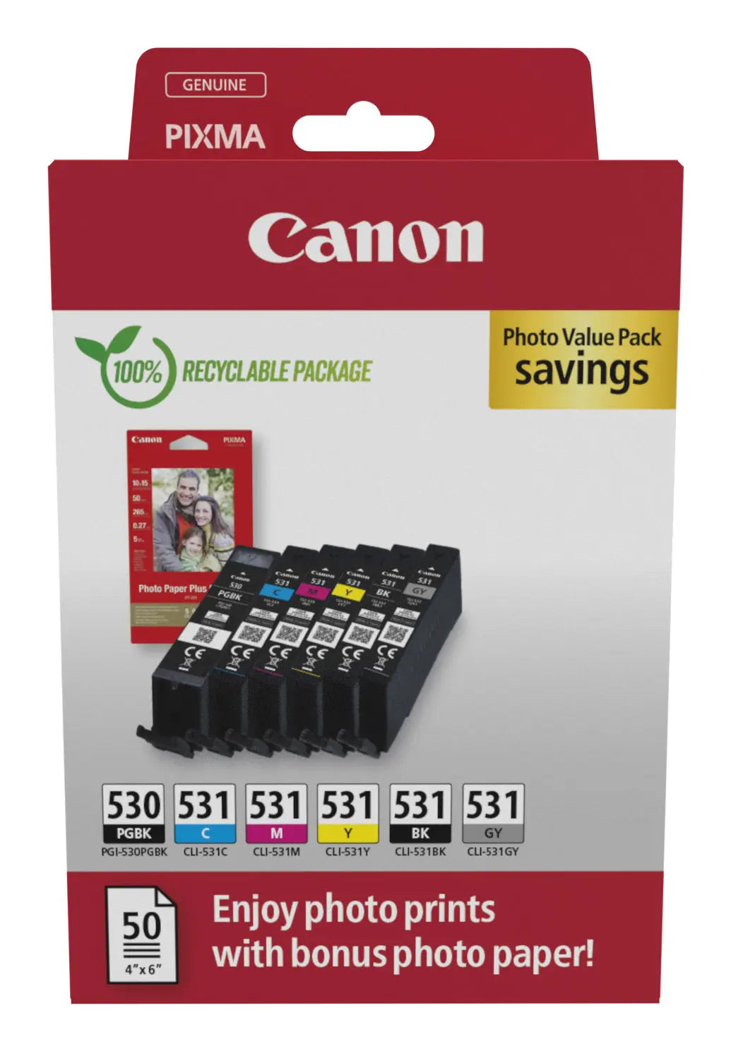Tinteiros Canon PGI-530 e CLI-531 Photo Value em cores e preto, para impressoras Canon, visíveis na imagem.