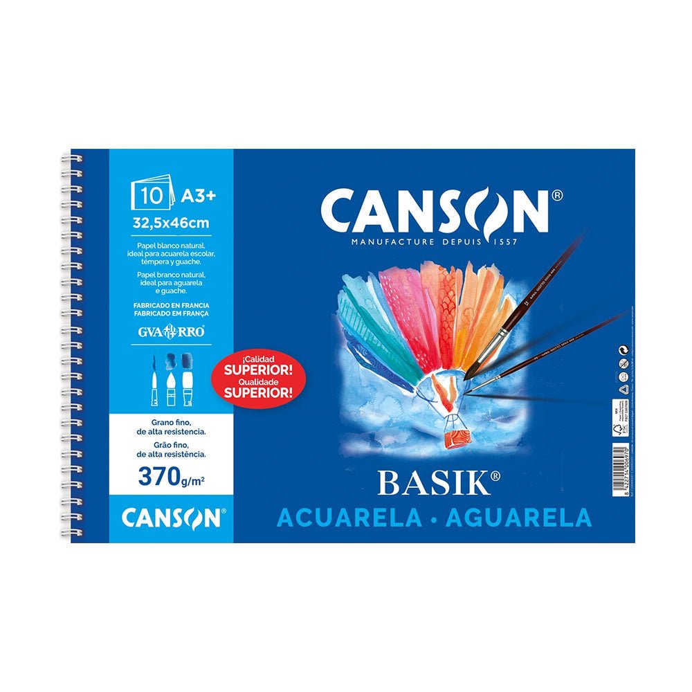 Bloco espiral Canson Basik A3+ para aquarela, 10 folhas de papel 370g, caderno de desenho para pintura aquarela.
