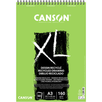 Caderno de desenho Canson XL Recycle em espiral, tamanho A3, 160g, com 50 folhas brancas para esboços e arte.