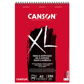 Caderno de desenho Canson XL Óleo/Acrílico A3 com 30 folhas de 290g, espiralado, ideal para arte e pintura.
