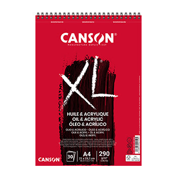 Caderno de desenho Canson XL Óleo/Acrílico A4, bloco espiralado com 30 folhas de 290g para técnicas mistas.