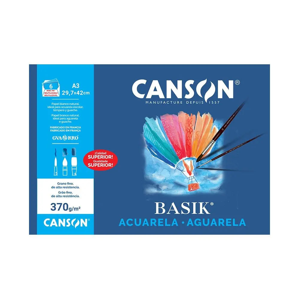 Papel aguarela A3 Canson Basik, peso 370g, em minipack com 6 folhas, ideal para técnicas de pintura aquarela.