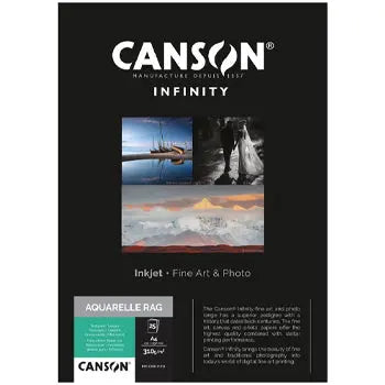 Papel A4 Canson Infinity Aquarelle Rag 310g, especial para aquarela, 25 folhas, textura de algodão para pinturas artísticas.