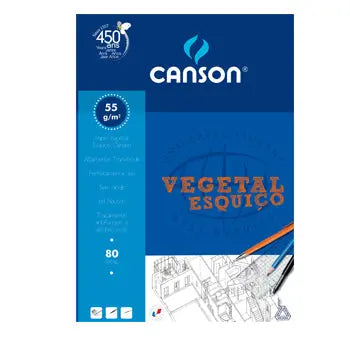 Papel vegetal A3 Canson, 55g, bloco com 80 folhas, ideal para esboços e desenhos artísticos.