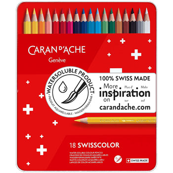 Lápis de cor aquarelável Caran D'Ache Swisscolor, 18 unidades com estojo de metal, exibidos em destaque na imagem.