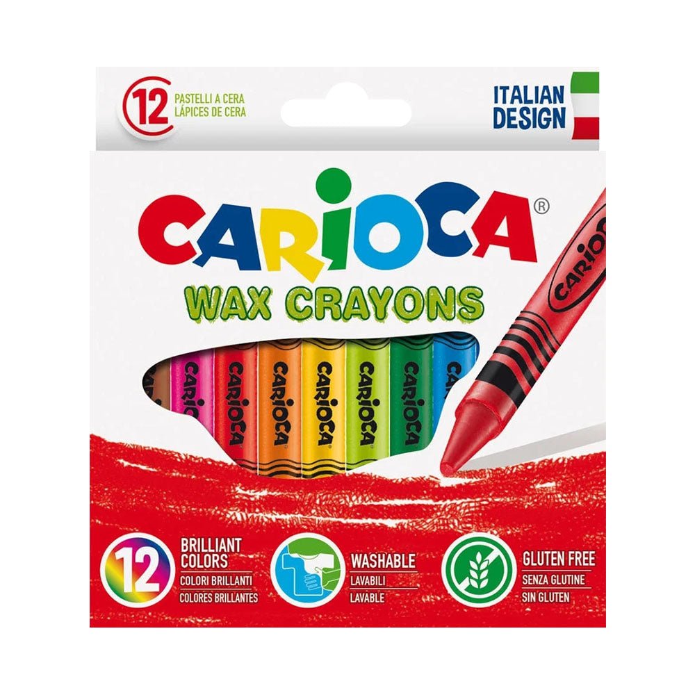 Lápis de cera Carioca Wax com 12 cores para desenho e arte, exibidos em embalagem colorida e brilhante.