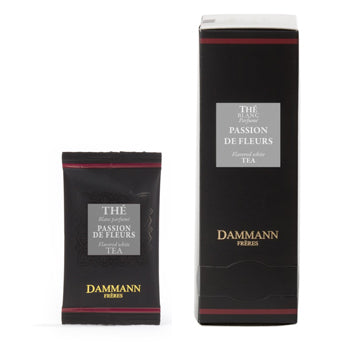 Caixas de Chá Branco Passion de Fleurs em bolsas, marca Dammann Frères, com 24 unidades de chá premium e infusões.
