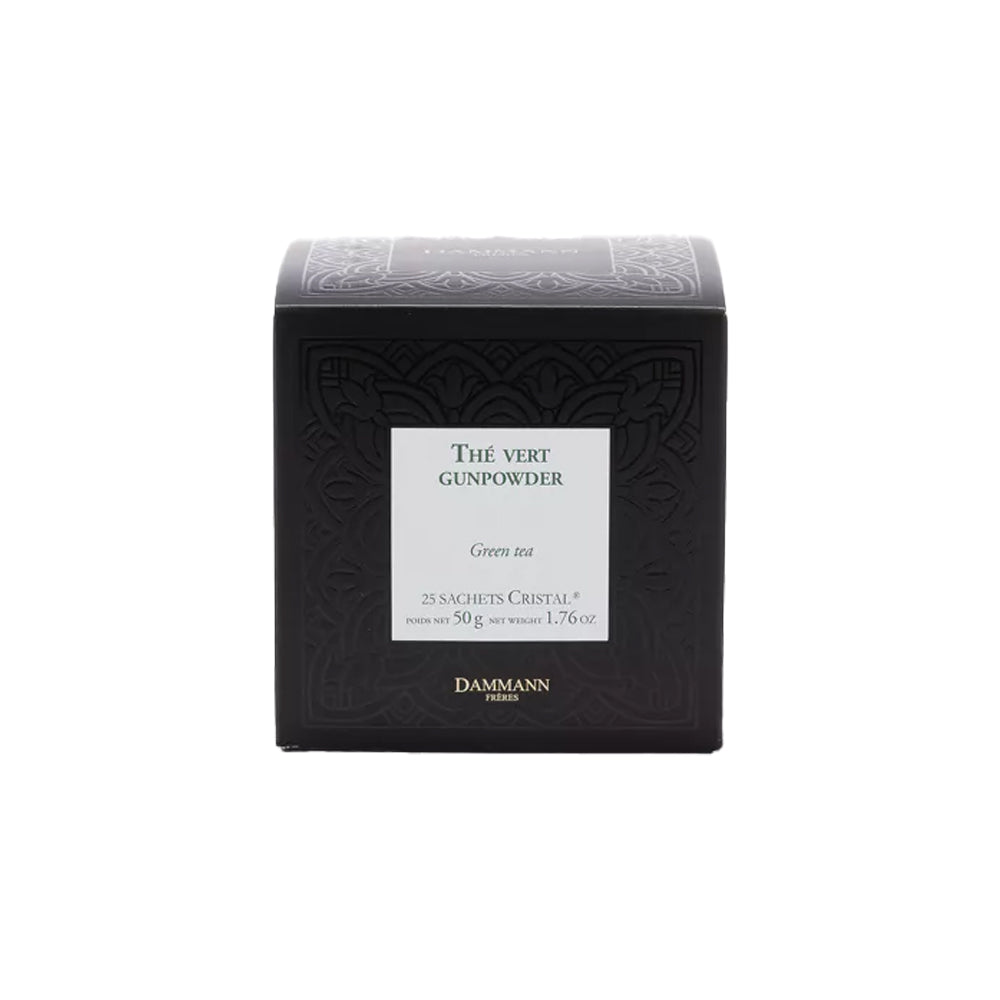 Conjunto de 25 bolsas de chá verde chinês Gunpowder da marca Dammann Frères, folhas de chá em saquinhos para infusão.