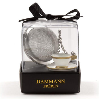 Infusor de chá com mini chávena Dammann Frères, acessório para preparar chá perfeito, com infusor de metal e mini recipiente branco.