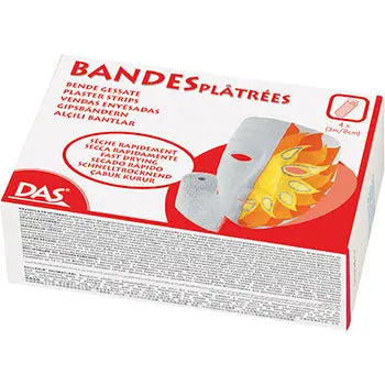 Conjunto de 4 gessos em bandas ajustáveis da marca DAS, 8cm x 3m, em embalagem de plástico, ideal para curativos.