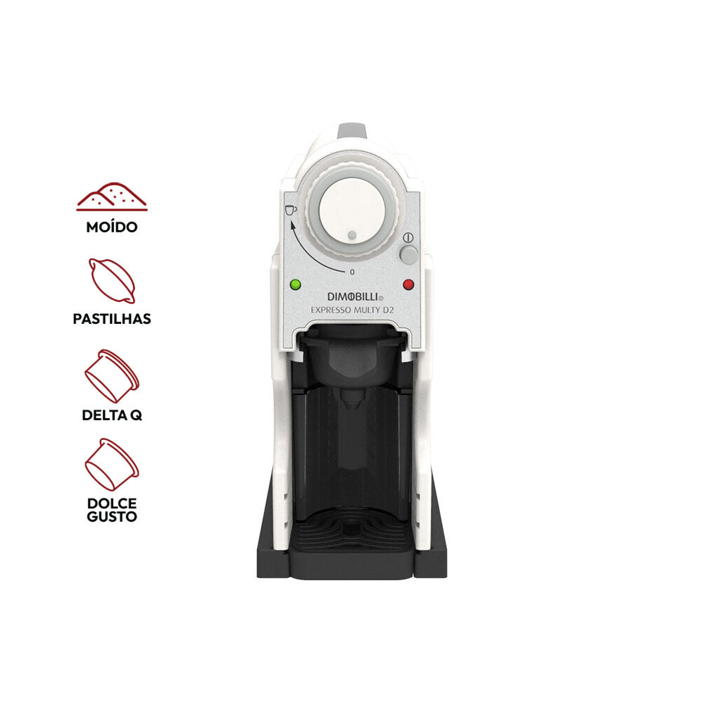 Máquina de café 3 em 1 Dimobilli D2 branca, compacta e prática para preparar café expresso, filtrado ou cappuccino.